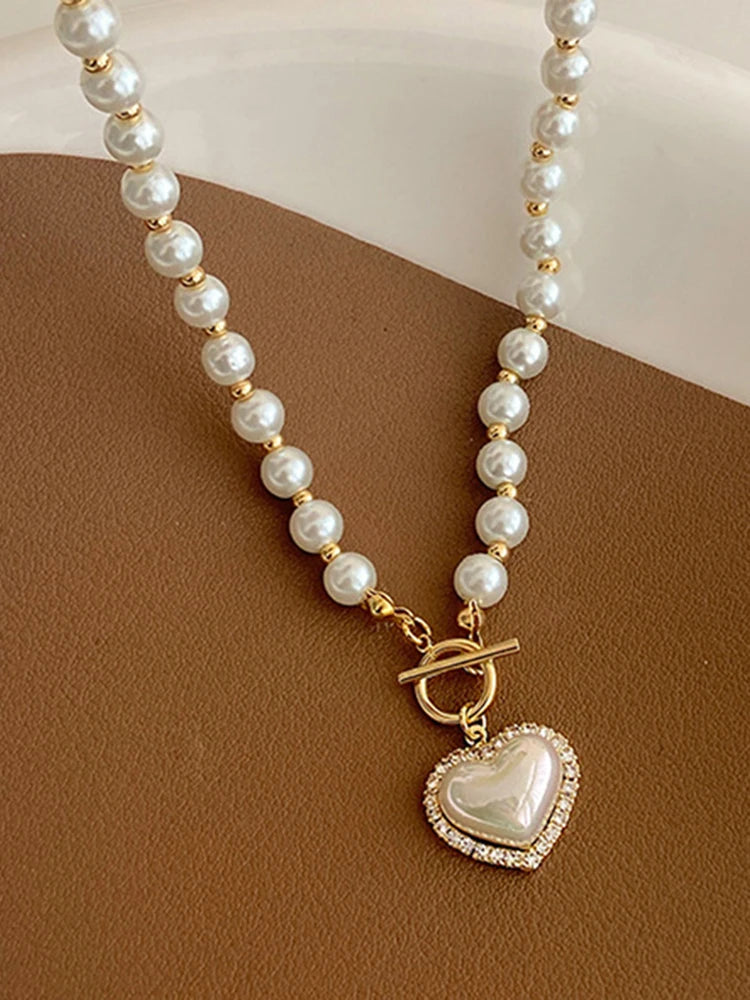 Heart Pendant Imitation Pearl Necklace