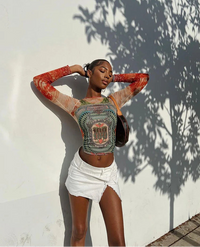 Mesh Dollar Print Classic Aesthetic O-neck Long Sleeve Skinny Top