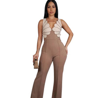 V-Neck Wide Leg  Sleeveless  Patchwork Jumpsuit