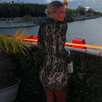 Lace Hollow Out Long Sleeve Sexy Mini Dress