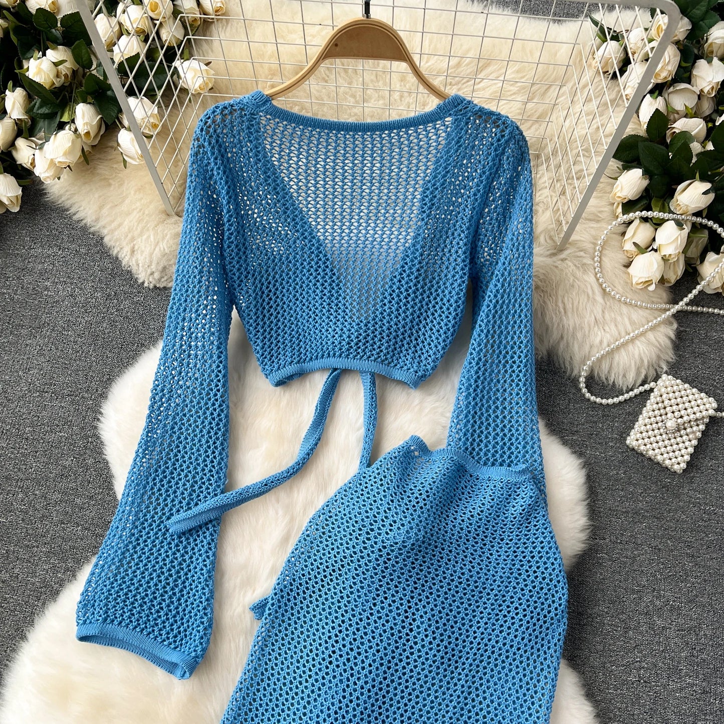 Long Sleeve V Neck Short Top+Adjustable Waist Split Long Skirt Set