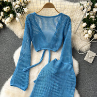 Long Sleeve V Neck Short Top+Adjustable Waist Split Long Skirt Set