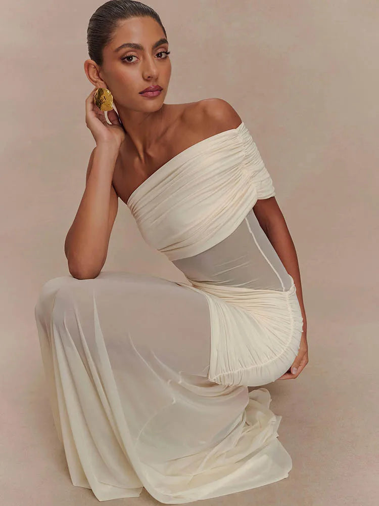 One Shoulder Mesh Sexy Maxi Dress