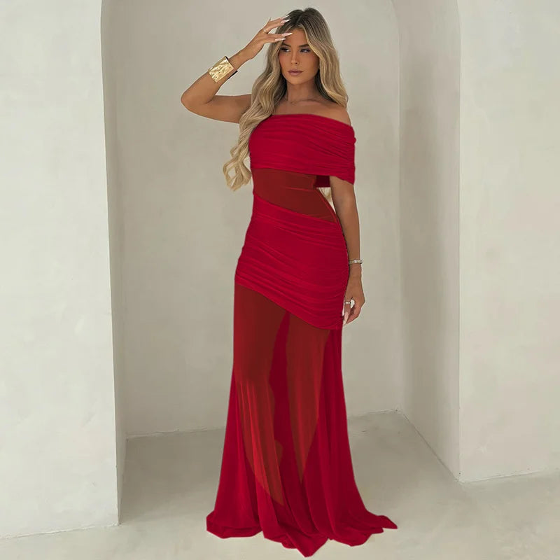 One Shoulder Mesh Sexy Maxi Dress