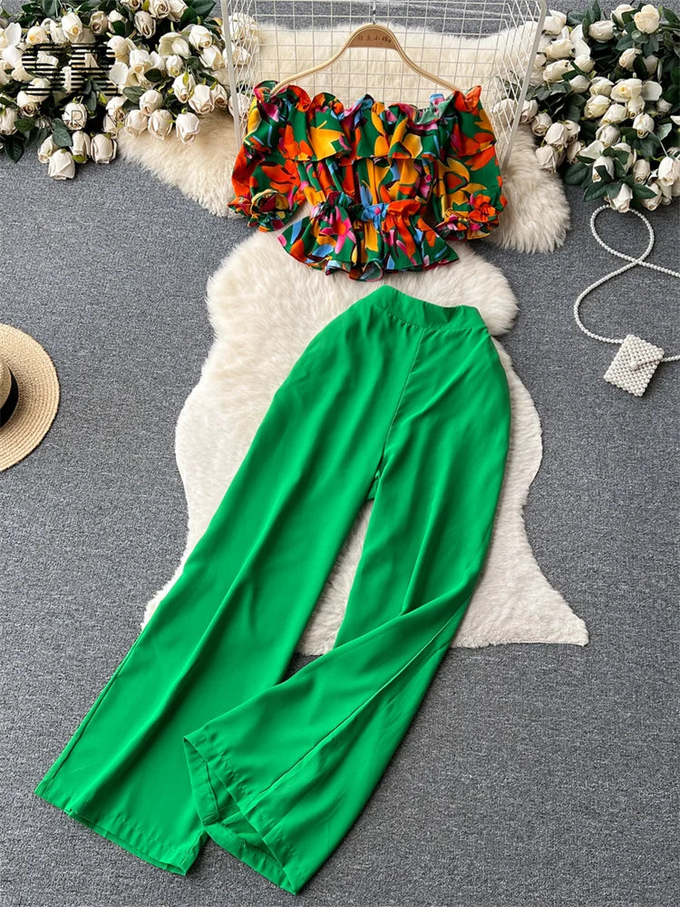 Ruffles Floral Print Elastic Waist Wide Leg Long Pants+Top Set