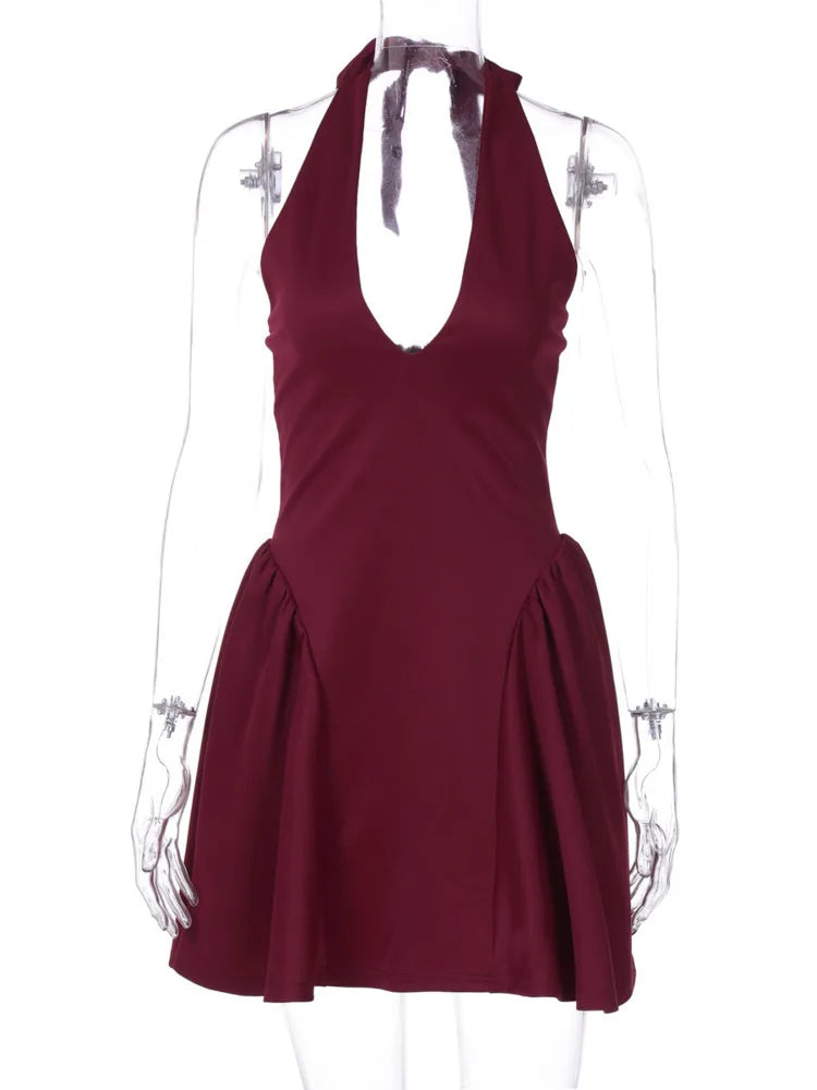 Elegant Halter High Waist A-line Deep V Neck Mini Dress