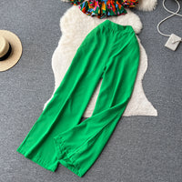 Ruffles Floral Print Elastic Waist Wide Leg Long Pants+Top Set