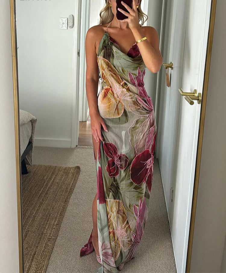 Split Thigh Backless Mesh Flower Design Maxi Dress