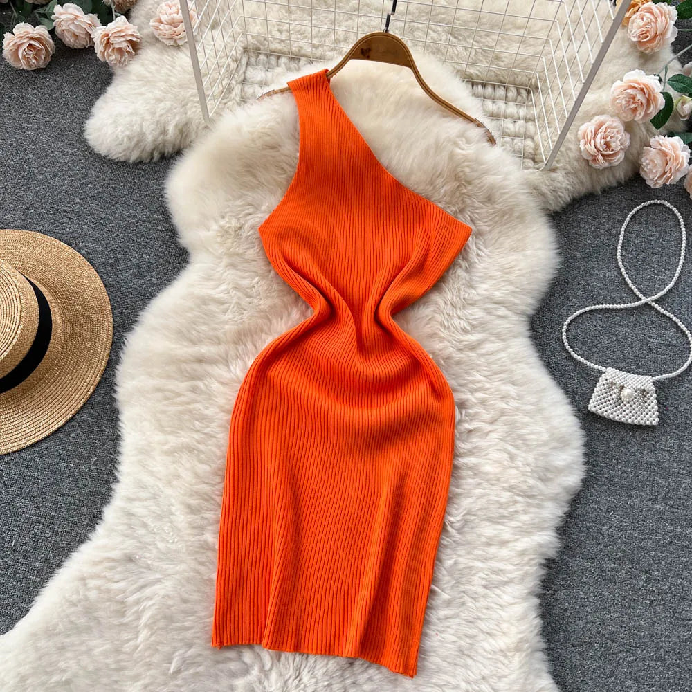 One Shoulder Solid Chic Knitted Mini Dress