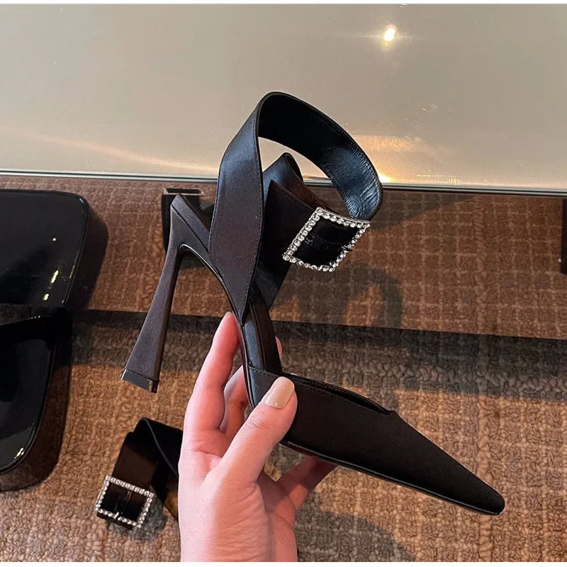 Luxury Satin Rhinestones Square Buckle Pumps