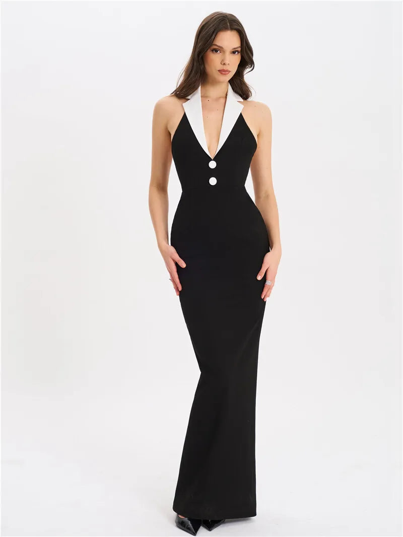 Notched Collar Halter Backless Sexy Maxi Dress