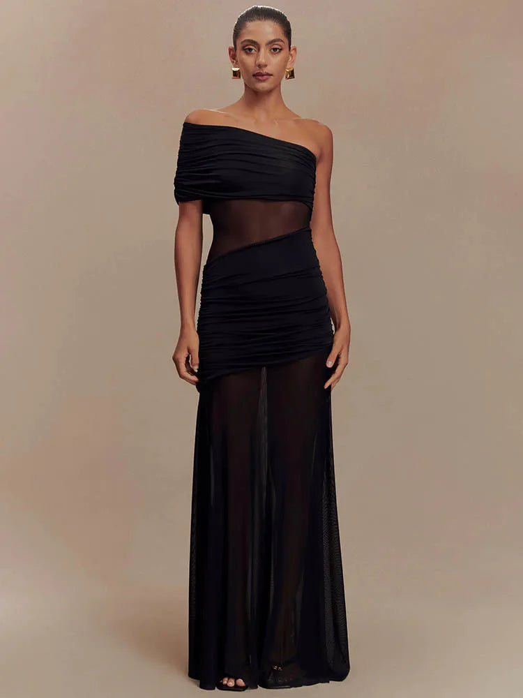 One Shoulder Mesh Sexy Maxi Dress