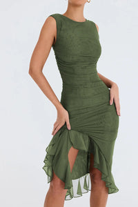 Elegant Ruffle Ruched Midi Dress
