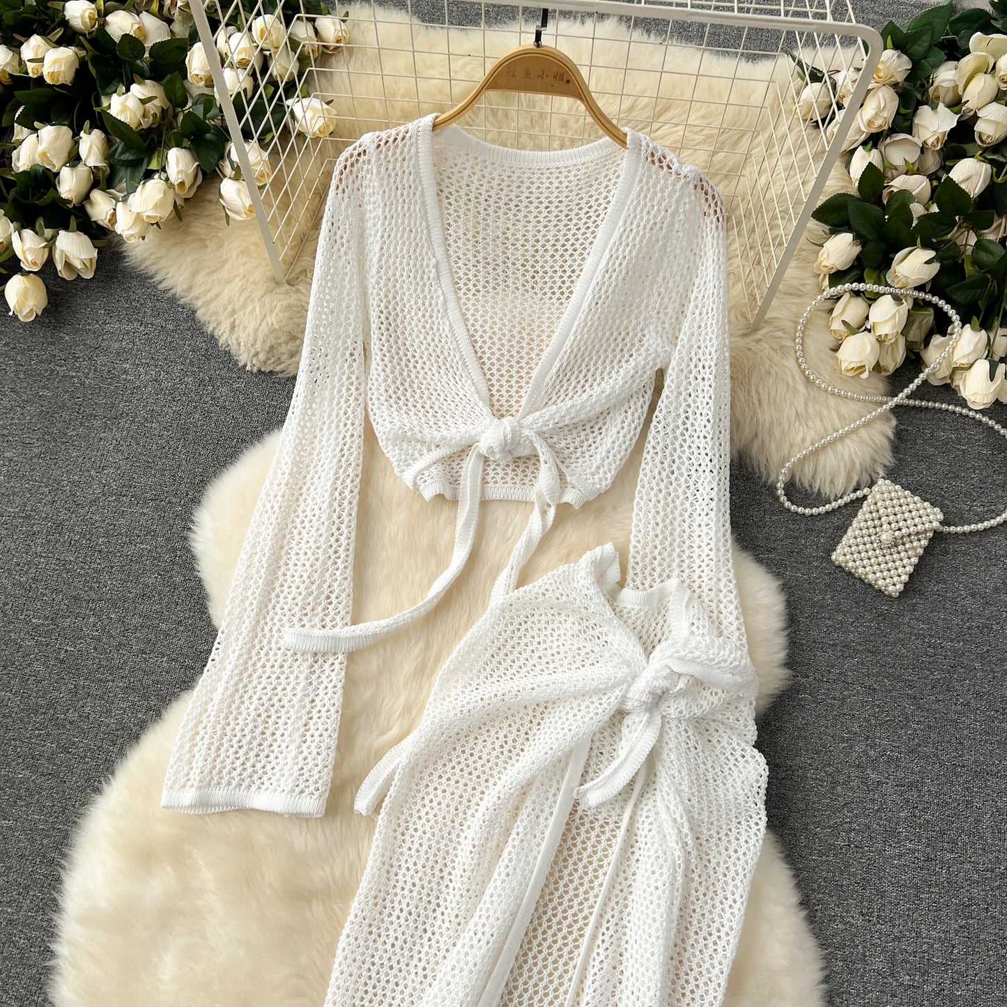 Long Sleeve V Neck Short Top+Adjustable Waist Split Long Skirt Set