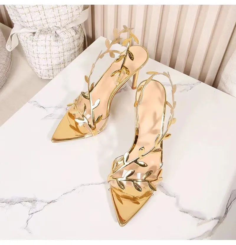 Gold Leaf Elegant Pointed Toe Thin High Heels