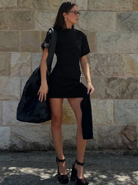 Metal Buckle O Neck High Waist Short Sleeve Mini Dress