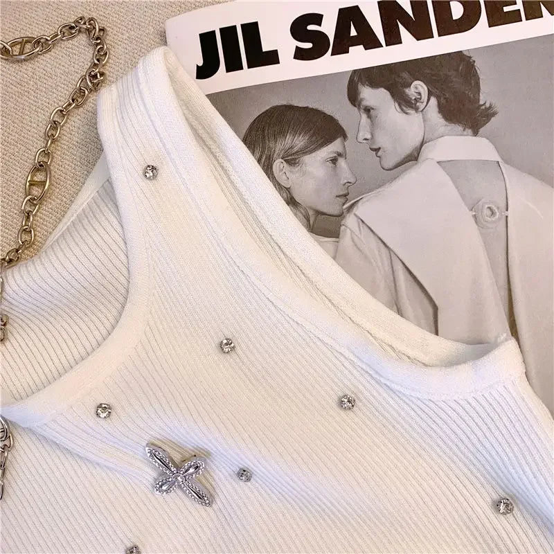 Embroidered Flare Chic Diamonds O-Neck Tank Top