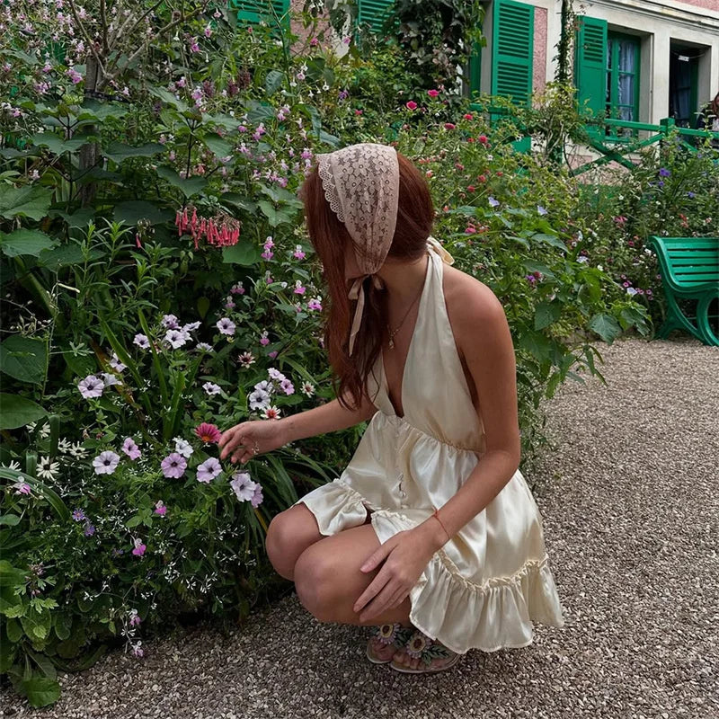 Solid Halter V Neck Backless Sexy Mini Dress