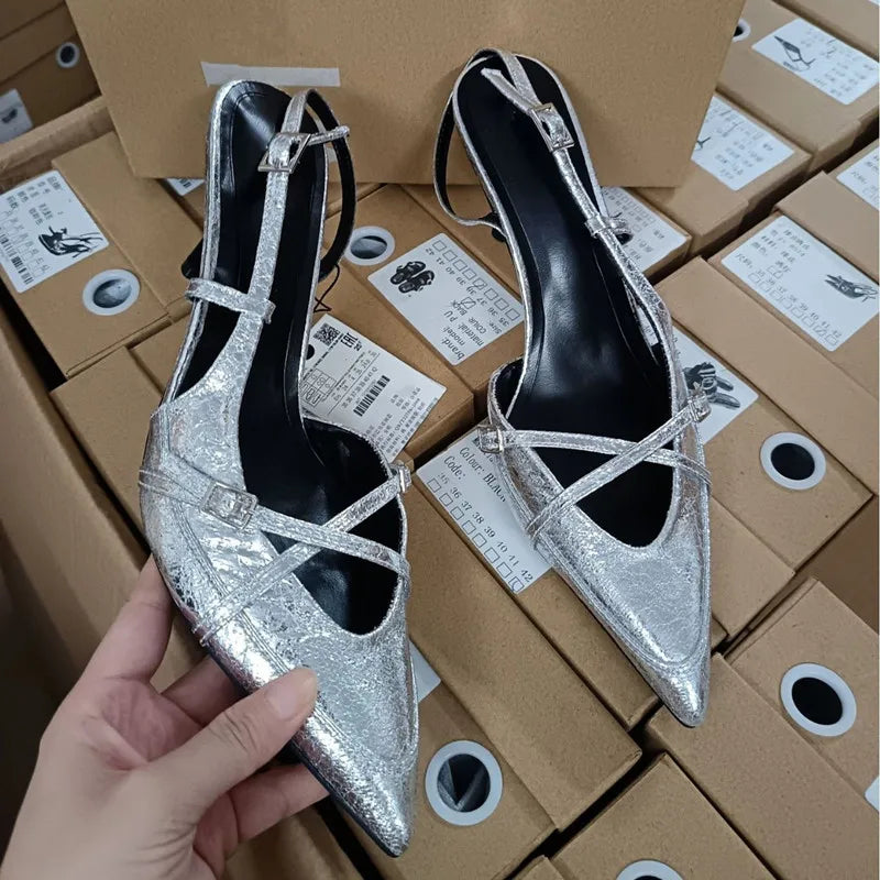 Elegant Pointed toe PU Leather Slingback Thin Heels