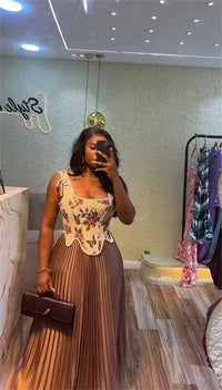 Floral Print Waist-cinching Corset +Pleated Long Skirts Set