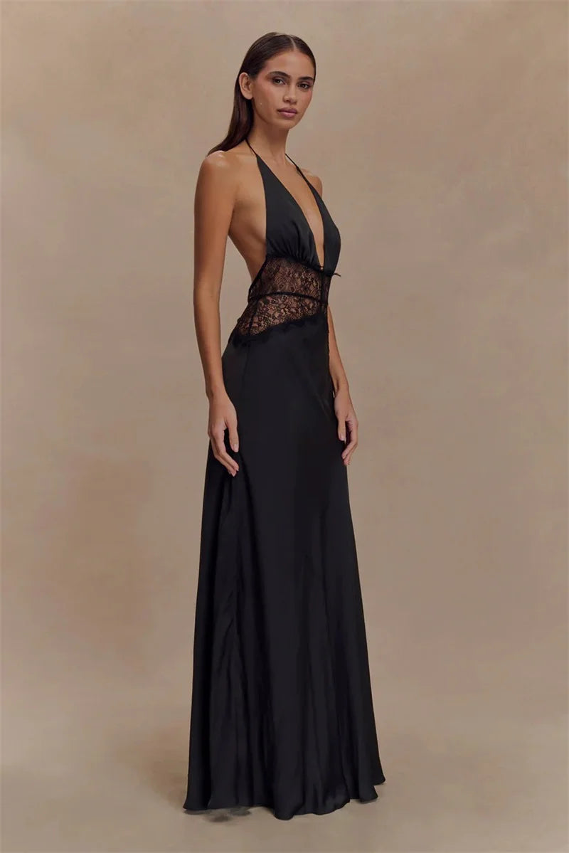 Patchwork Lace Halter Deep V Neck Maxi Dress