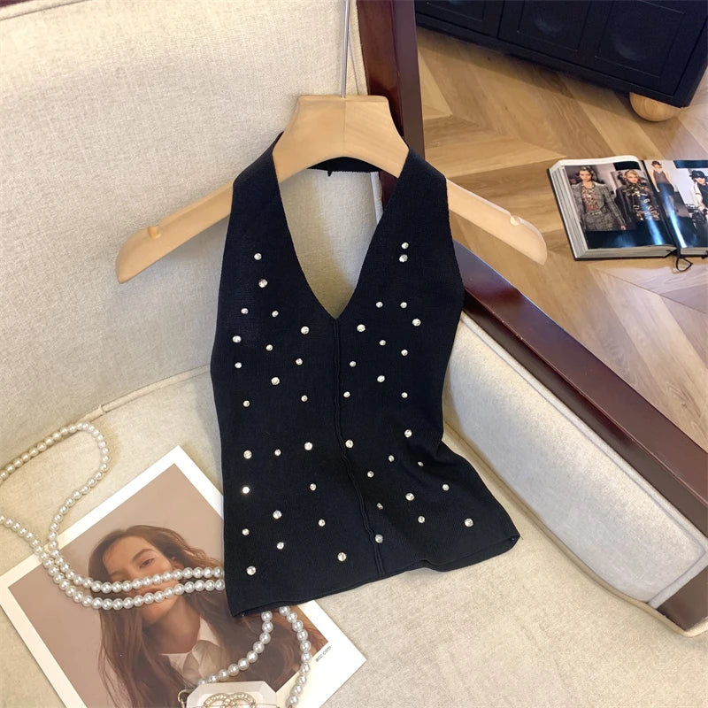 Halter Rhinestone Knitted Tank Top