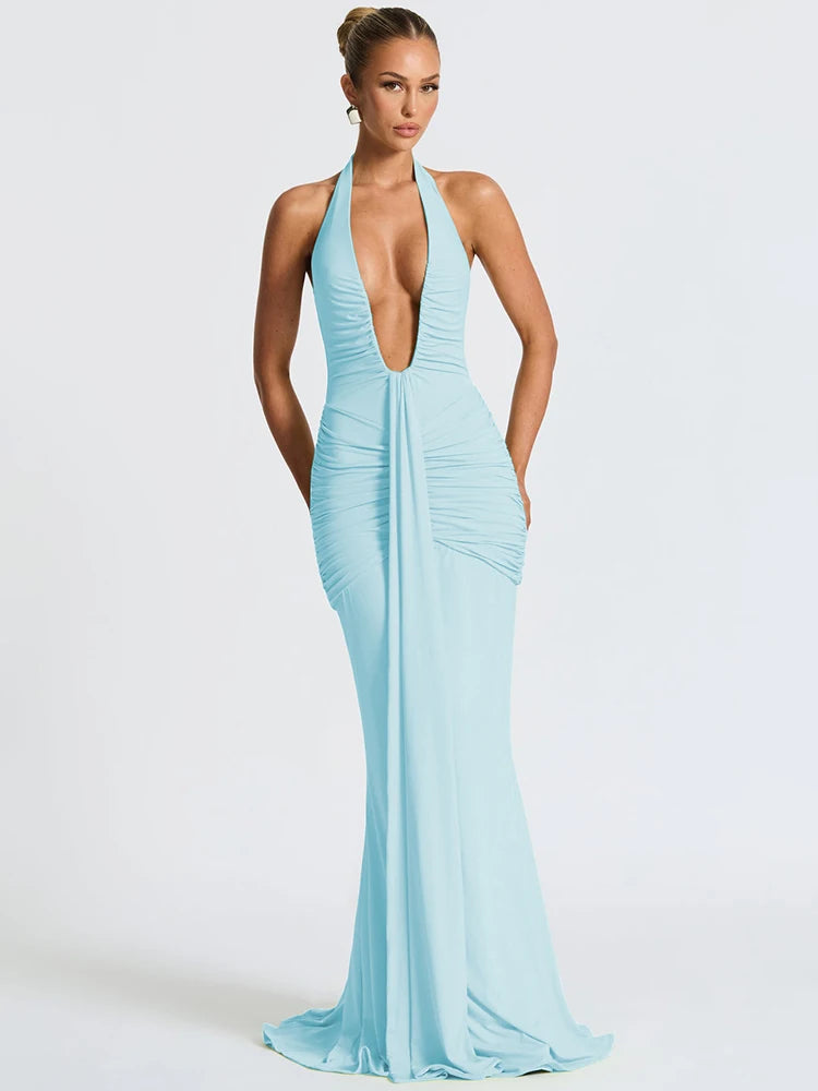 Deep V Neck Draped Ruched Sexy Maxi Dress