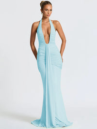 Deep V Neck Draped Ruched Sexy Maxi Dress