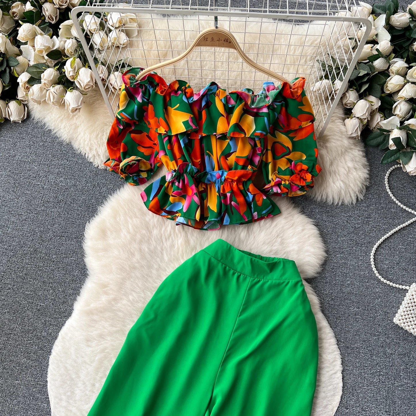 Ruffles Floral Print Elastic Waist Wide Leg Long Pants+Top Set