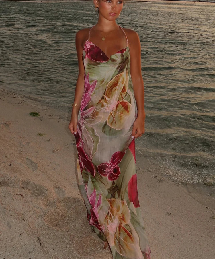 Split Thigh Backless Mesh Flower Design Maxi Dress