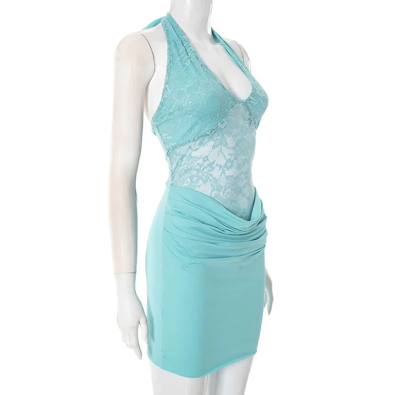 Halter Lace Sexy Patchwork Mini Dress