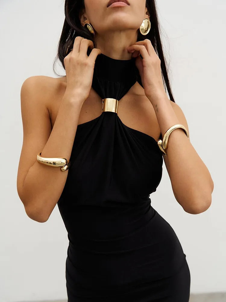 Metal Buckle Turtleneck  Maxi Dress