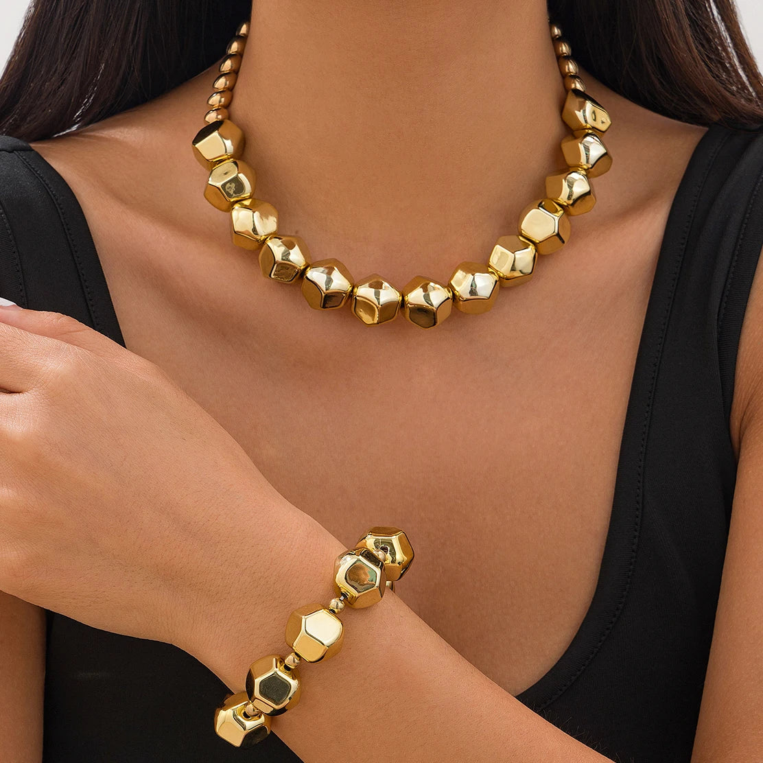Irregular Geometric CCB Beads Choker Necklace Charm Bracelet Set