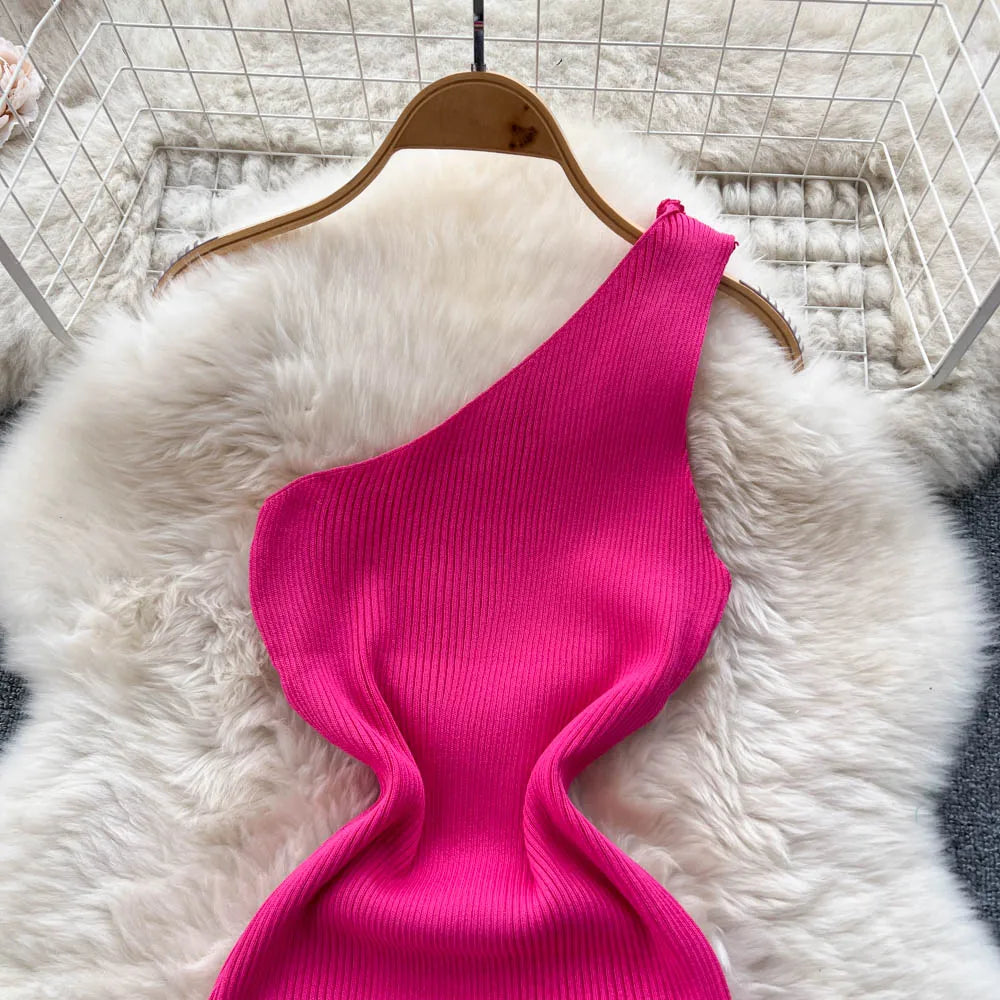 One Shoulder Solid Chic Knitted Mini Dress