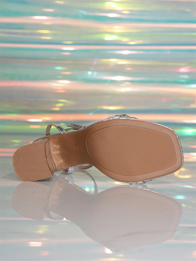 Rhinestone Chain Square Toe Thick Heels