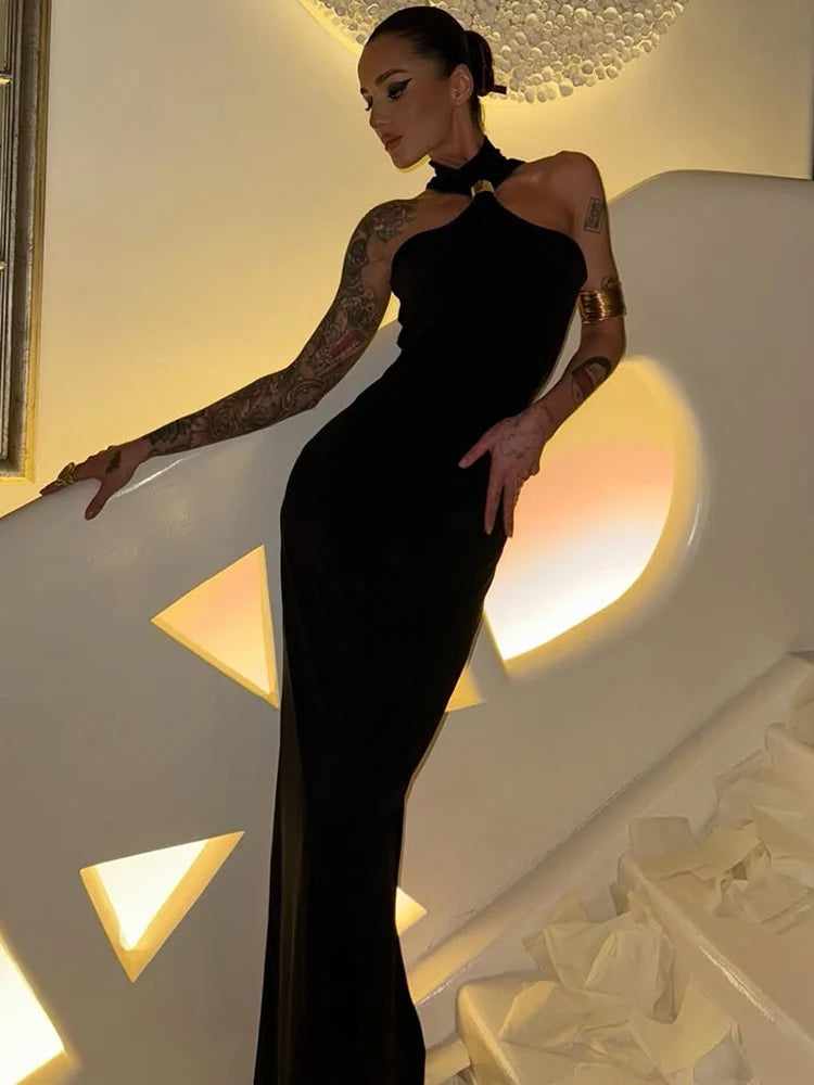 Metal Buckle Turtleneck  Maxi Dress