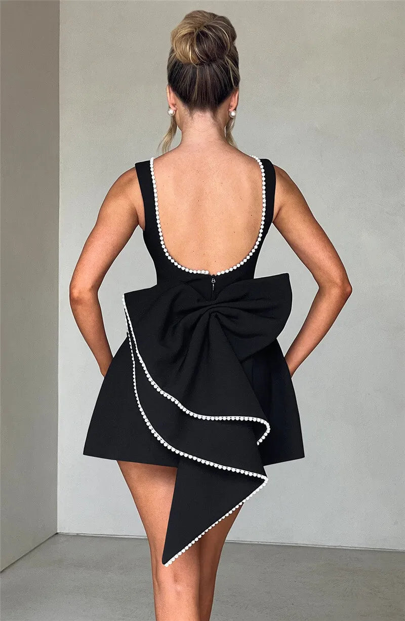 Pearl Bow Backless Sexy Mini Dress