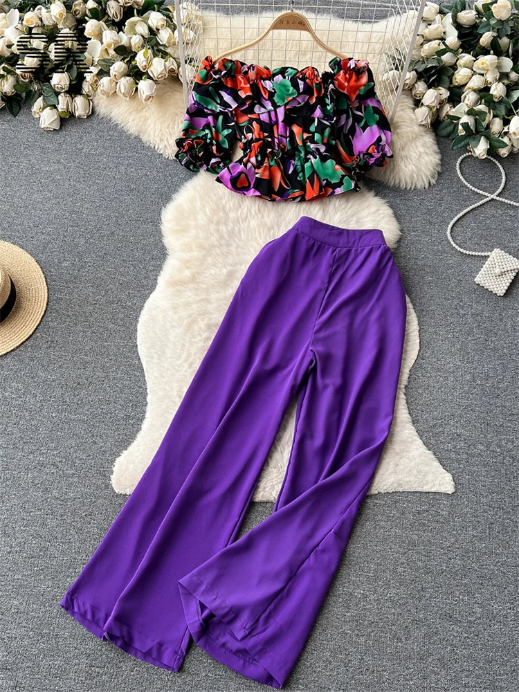 Ruffles Floral Print Elastic Waist Wide Leg Long Pants+Top Set