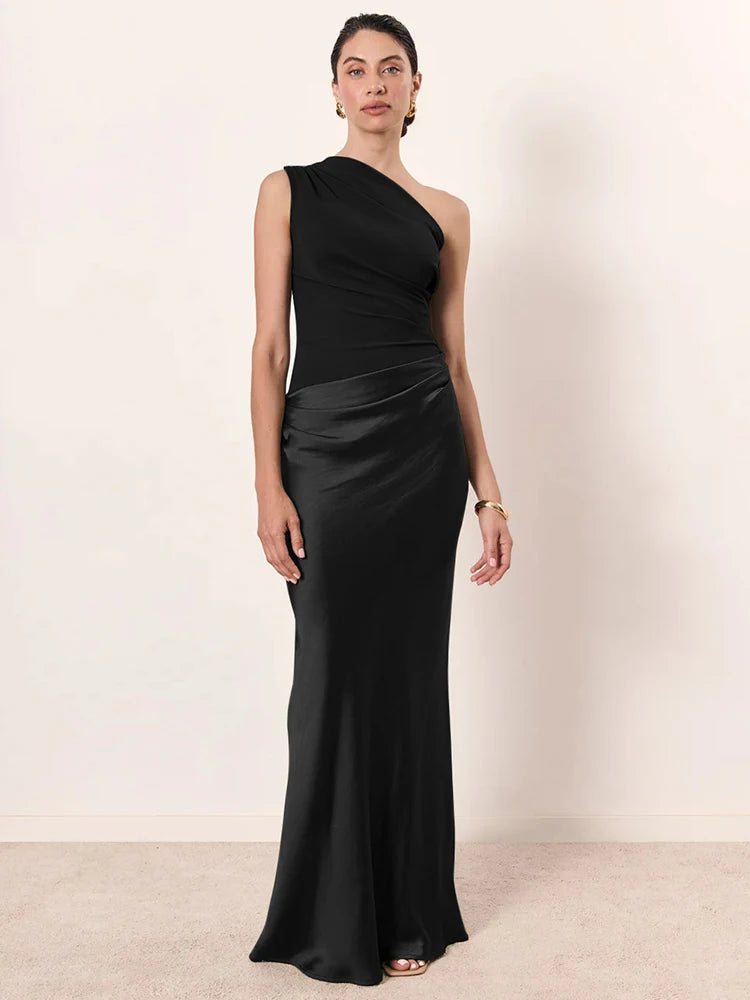 Satin Inclined Shoulder Sexy Maxi Dress