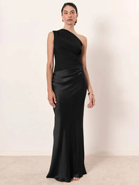 Satin Inclined Shoulder Sexy Maxi Dress