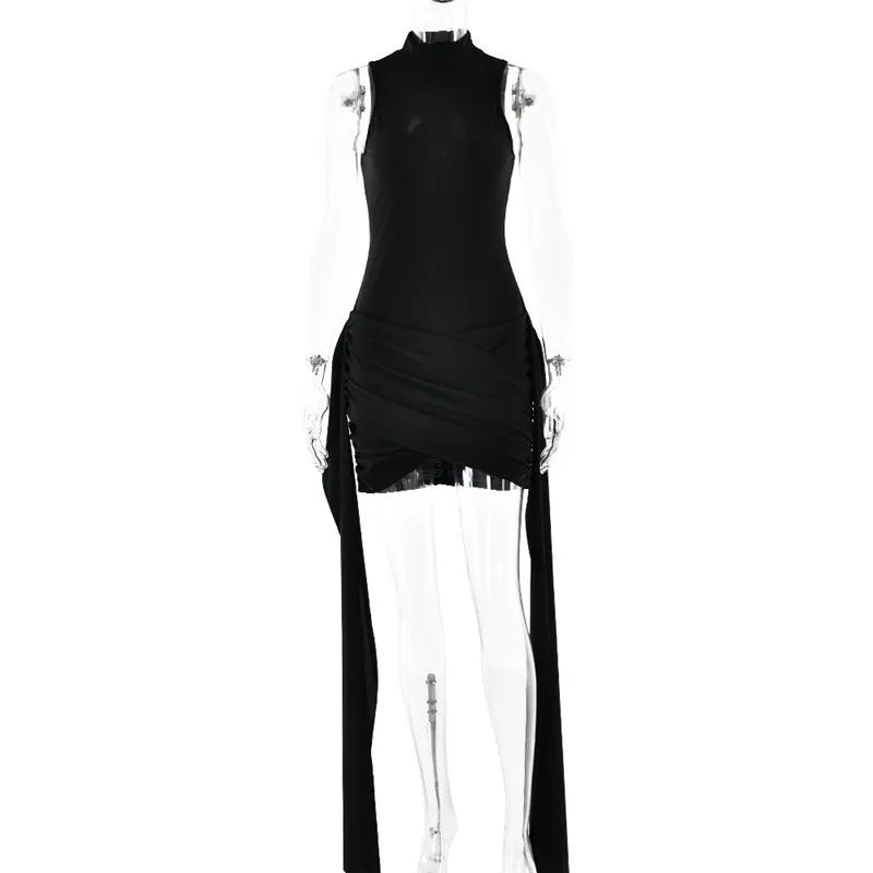 Turtleneck Sleeveless Irregular Ruched Mini Dress