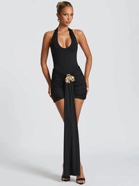 Metal Flower Draped Ruched Sexy Mini Dress