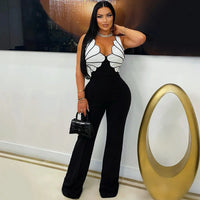 V-Neck Wide Leg  Sleeveless  Patchwork Jumpsuit