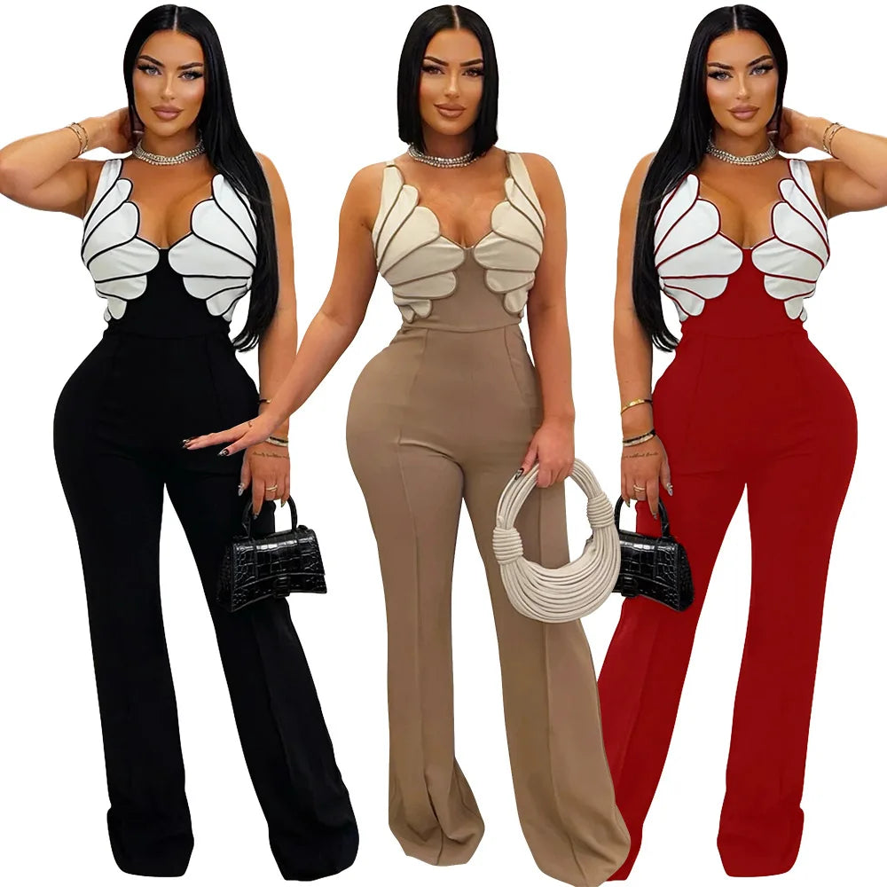 V-Neck Wide Leg  Sleeveless  Patchwork Jumpsuit