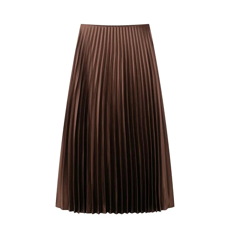 Pleated Long Draped Satin Midi Skirt