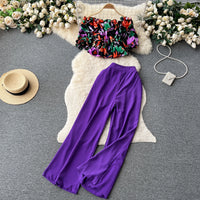 Ruffles Floral Print Elastic Waist Wide Leg Long Pants+Top Set