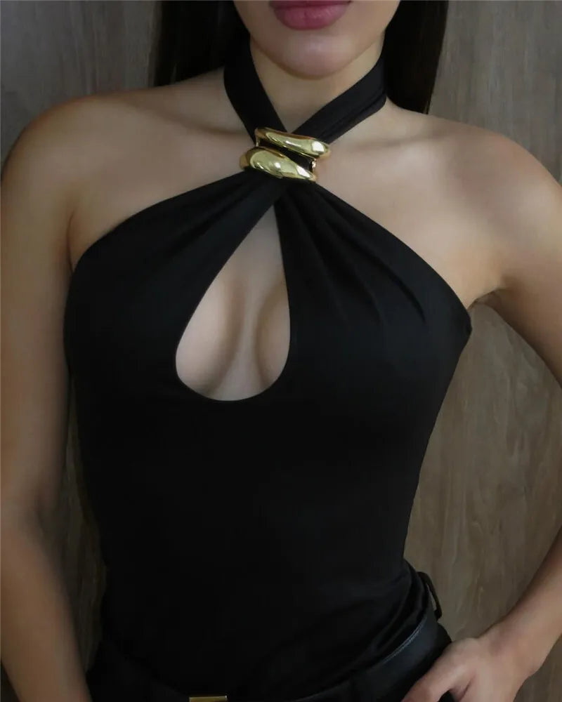 Halter Hollow Out Ring Metal Off-shoulder Tank Top