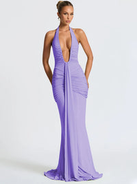 Deep V Neck Draped Ruched Sexy Maxi Dress