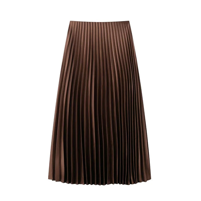 Pleated Long Draped Satin Midi Skirt