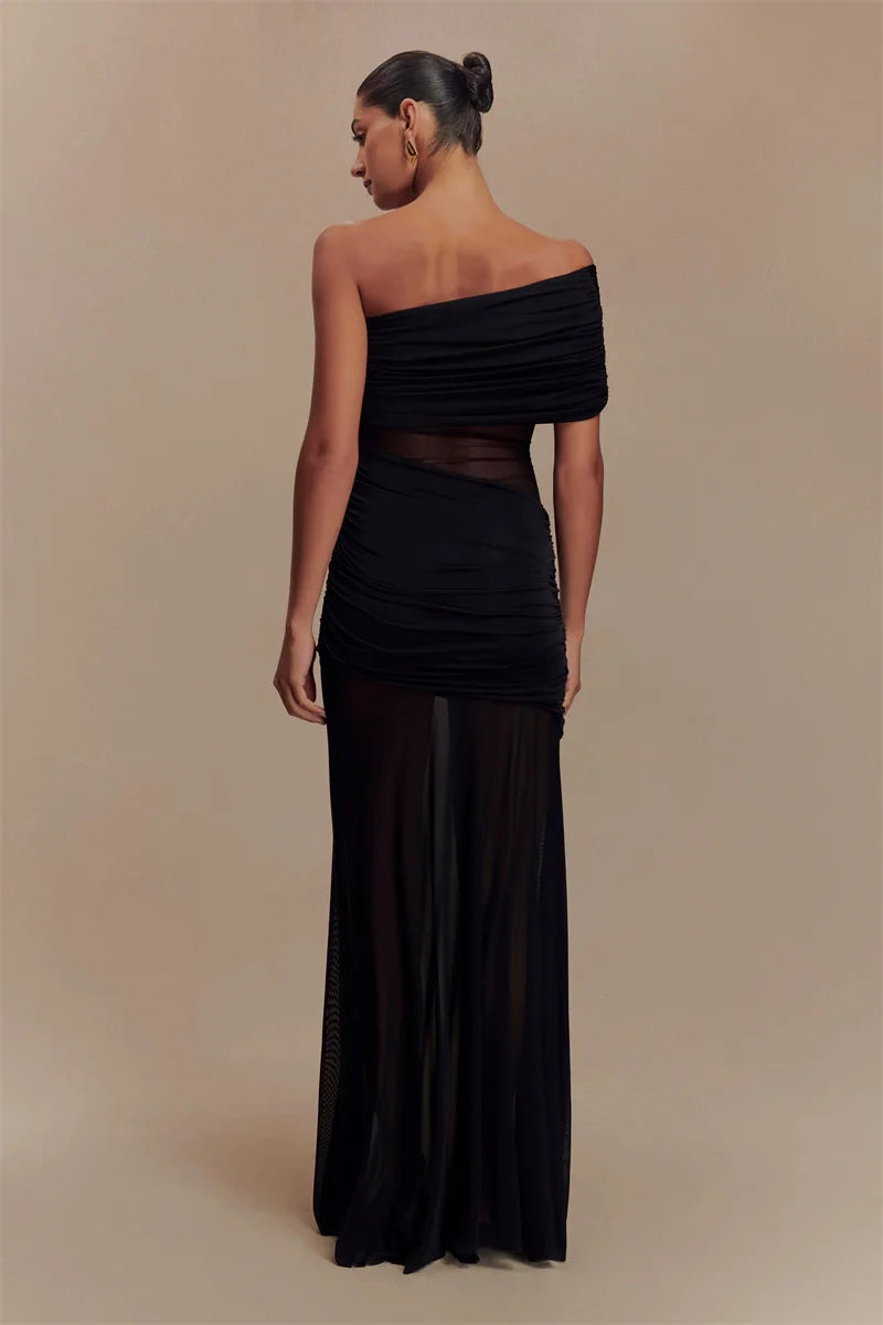One Shoulder Mesh Sexy Maxi Dress